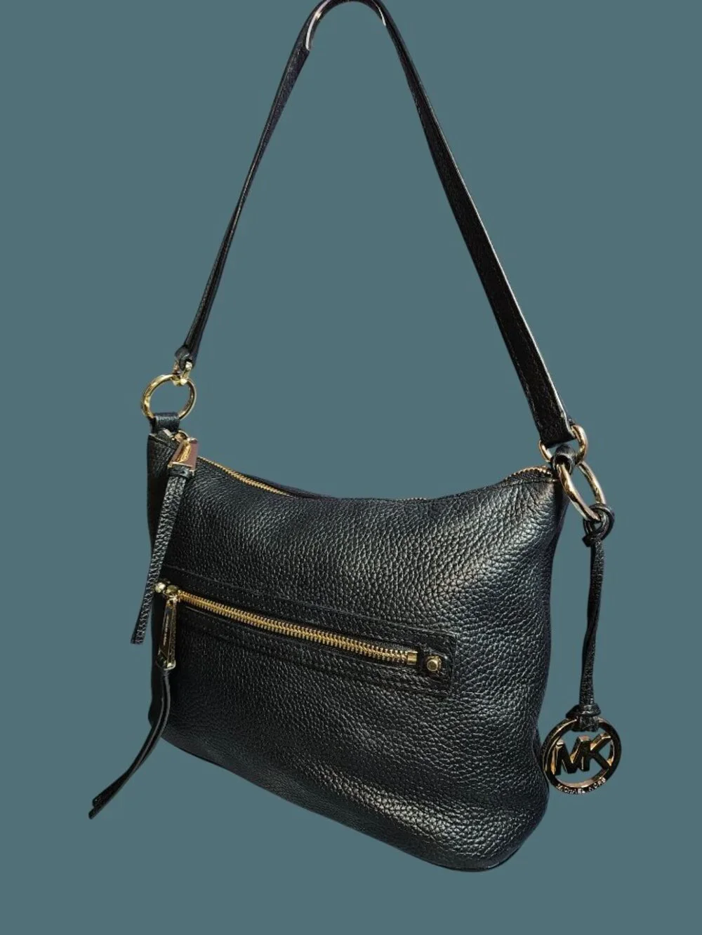 Michael Kors Rhea Black Pebbled Leather Shoulder Bag
